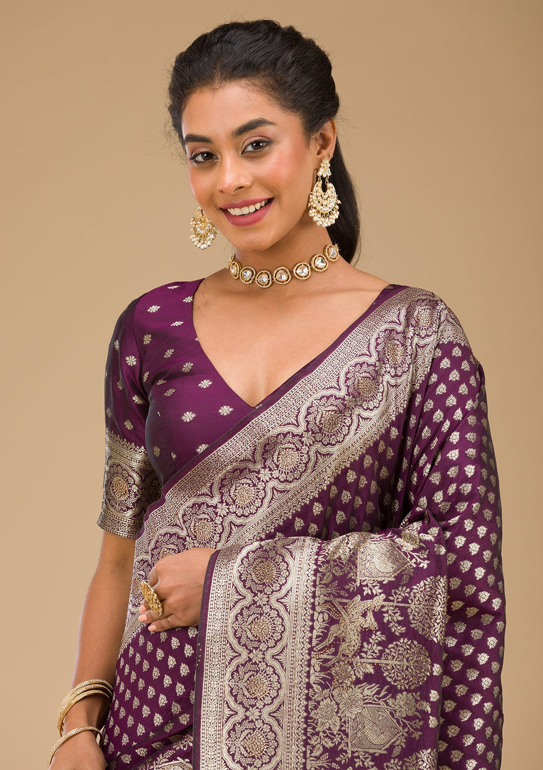Wine Stonework Art Silk Saree-Koskii