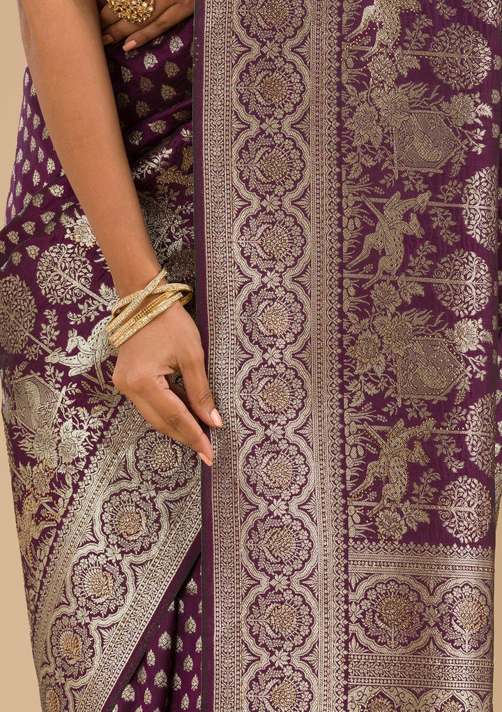 Wine Stonework Art Silk Saree-Koskii