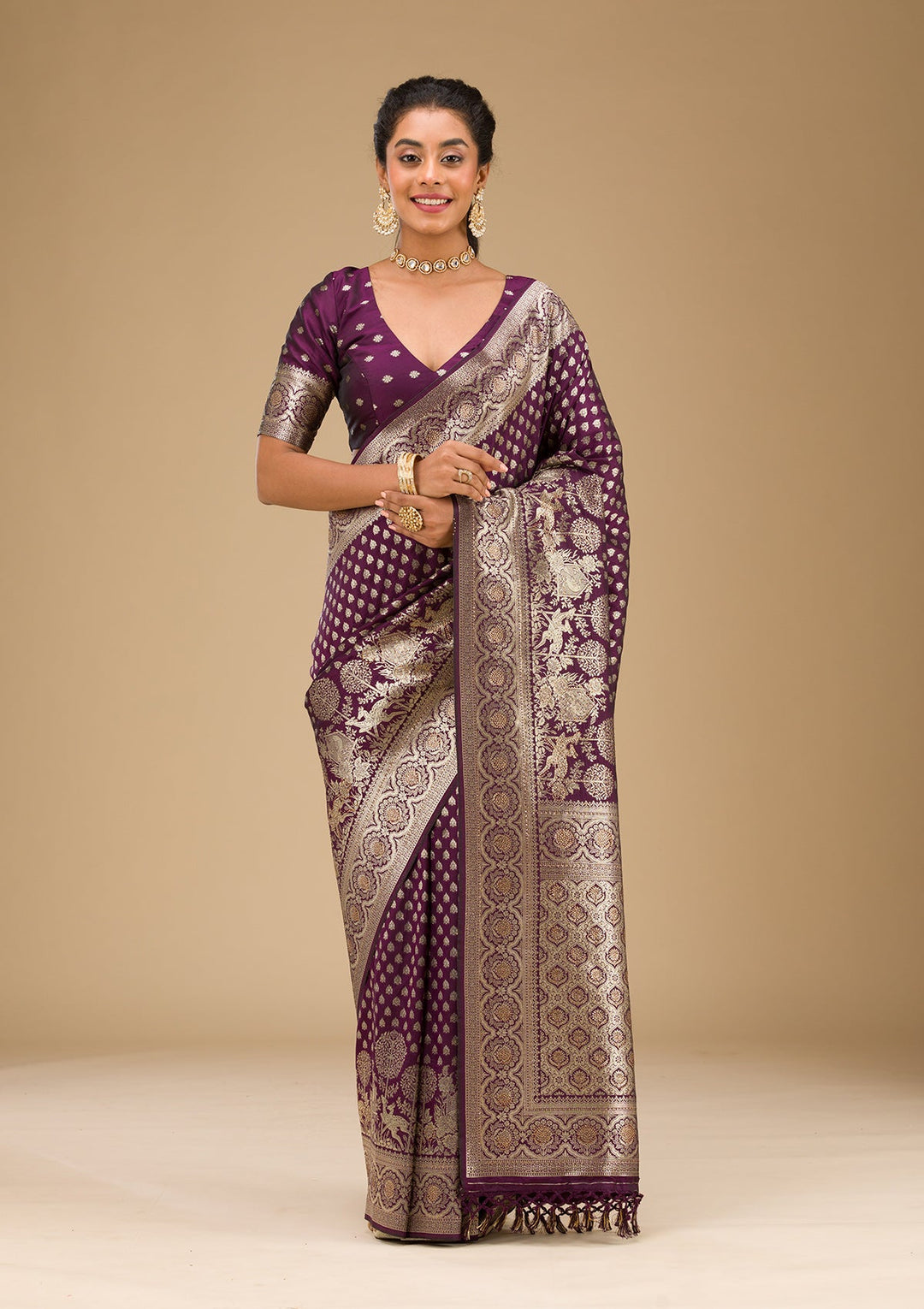Wine Stonework Art Silk Saree-Koskii