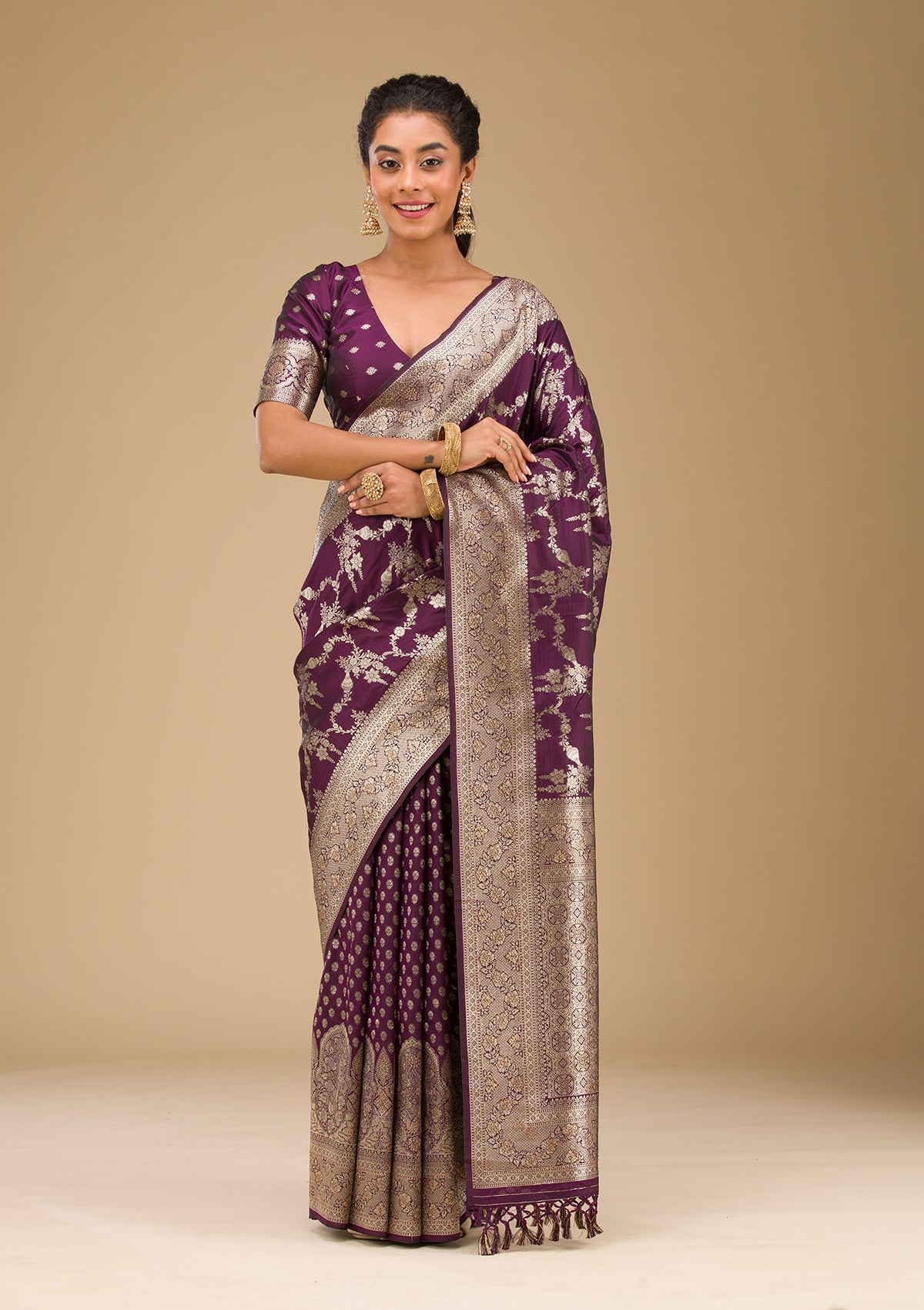 Wine Stonework Art Silk Saree-Koskii