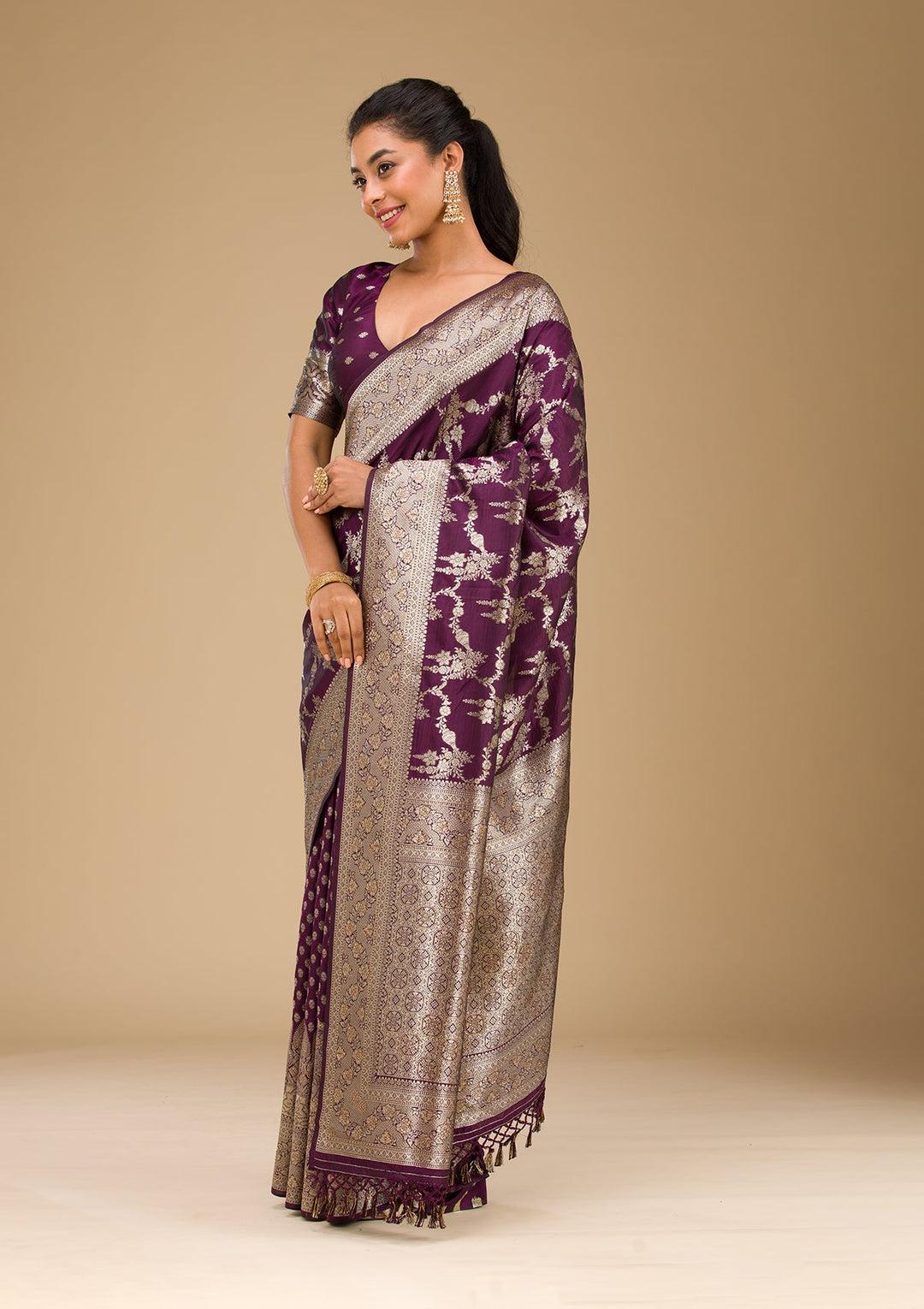 Wine Stonework Art Silk Saree-Koskii