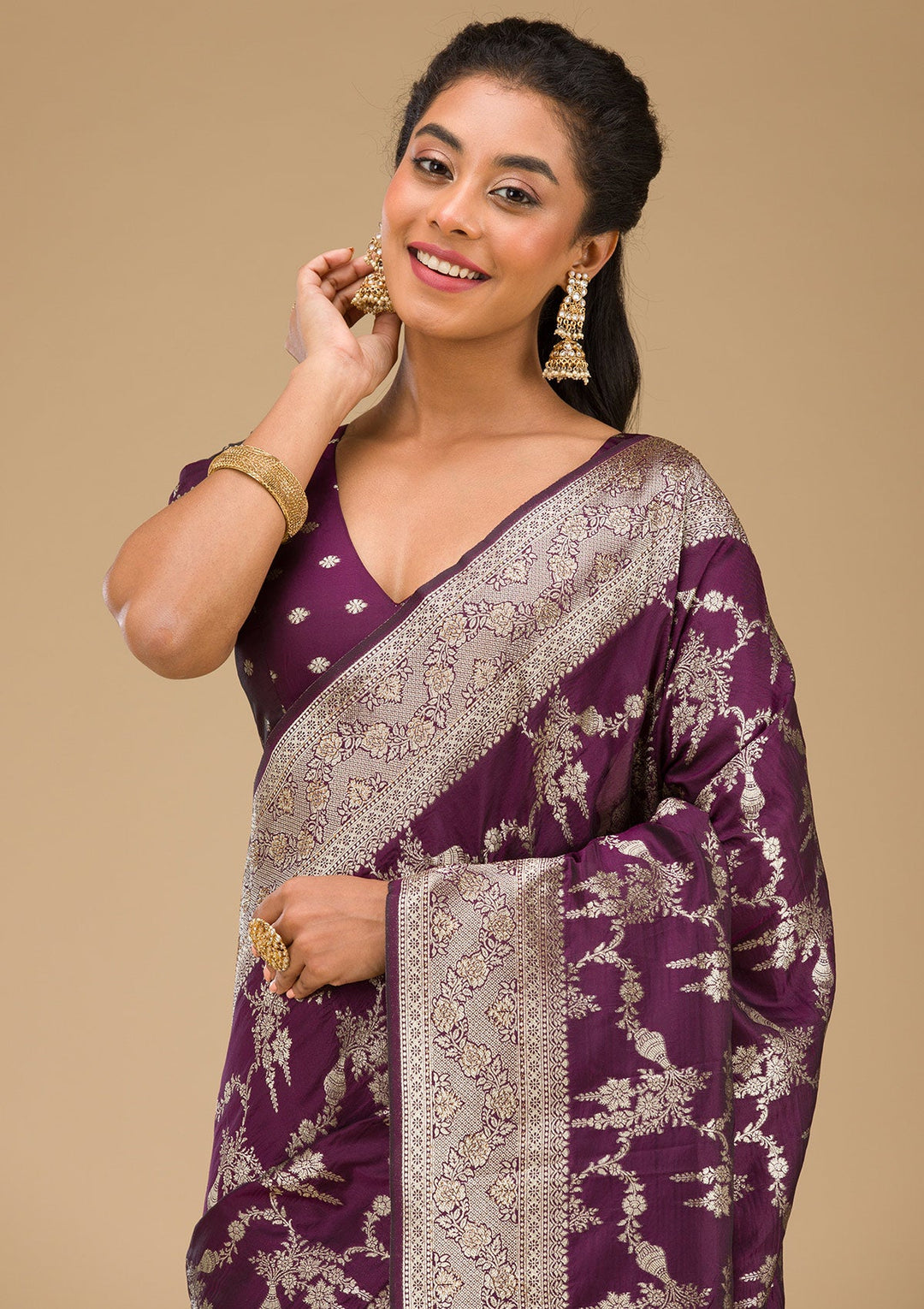 Wine Stonework Art Silk Saree-Koskii