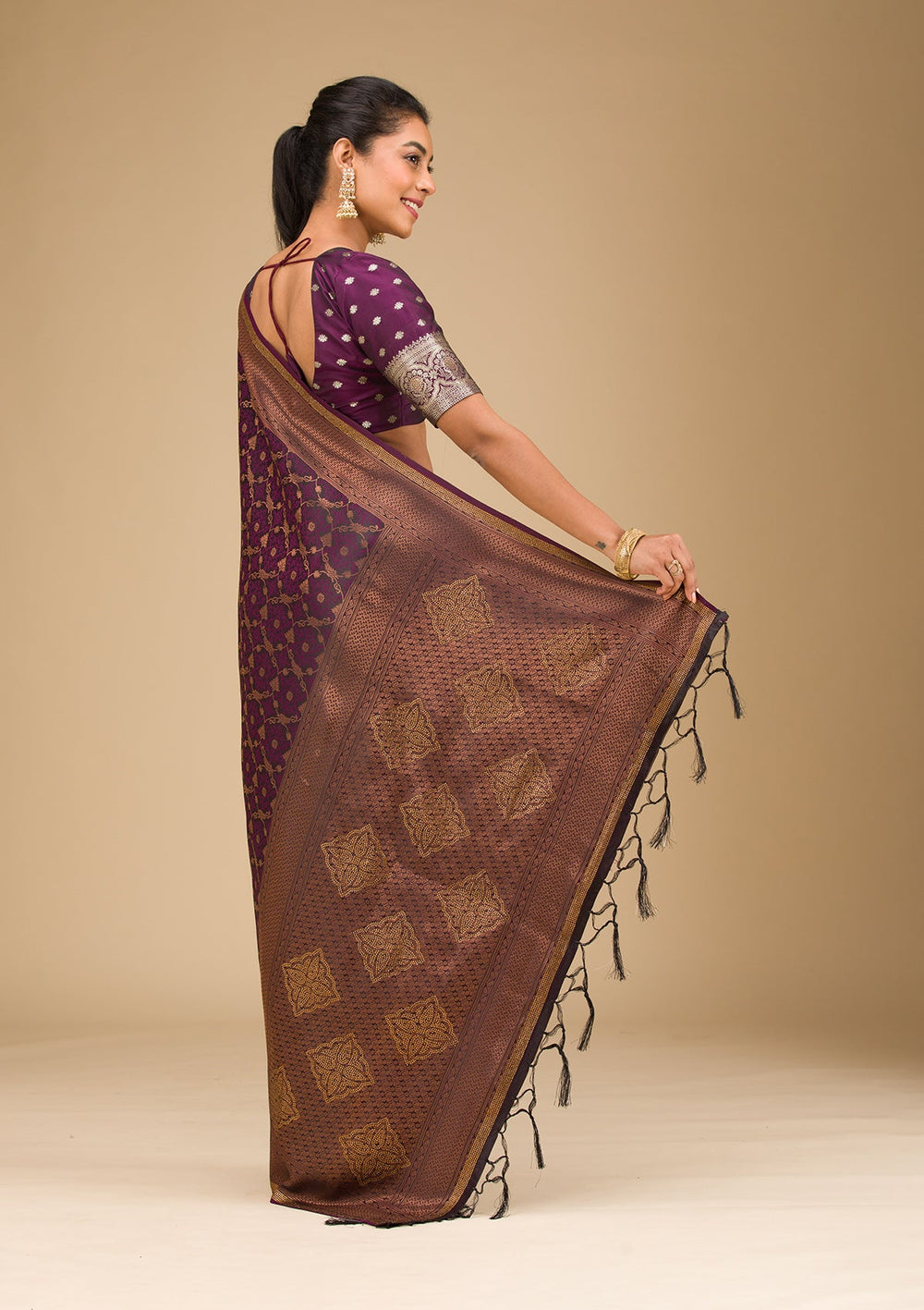 Wine Stonework Art Silk Saree-Koskii