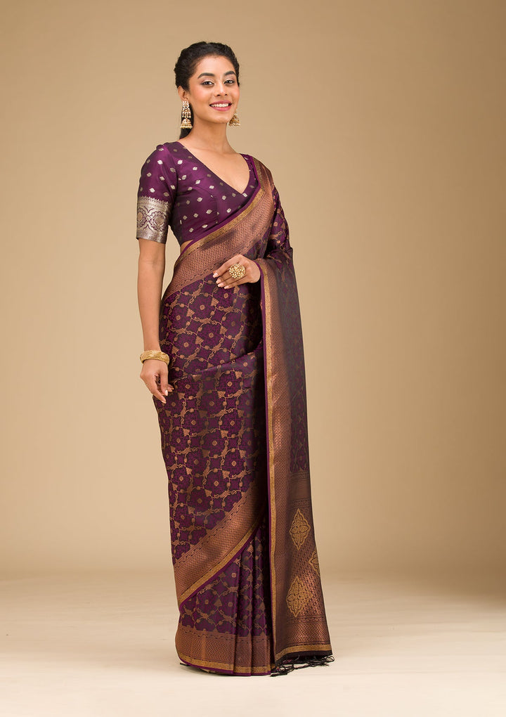 Wine Stonework Art Silk Saree-Koskii