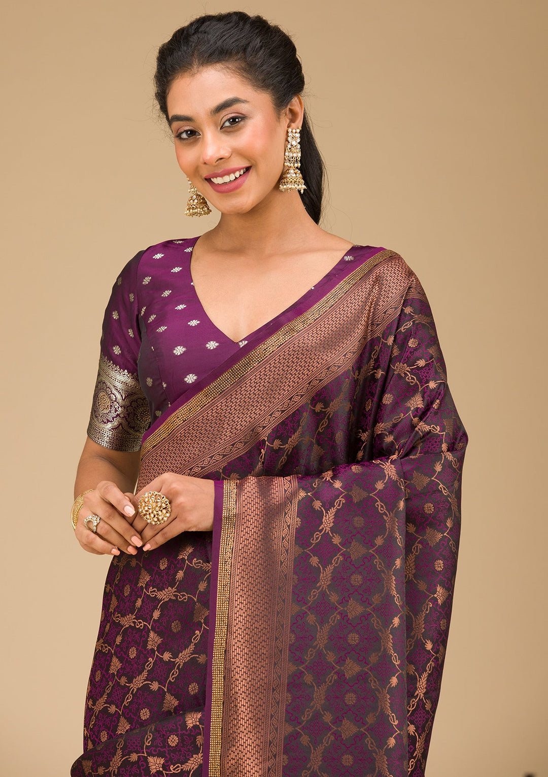 Wine Stonework Art Silk Saree-Koskii