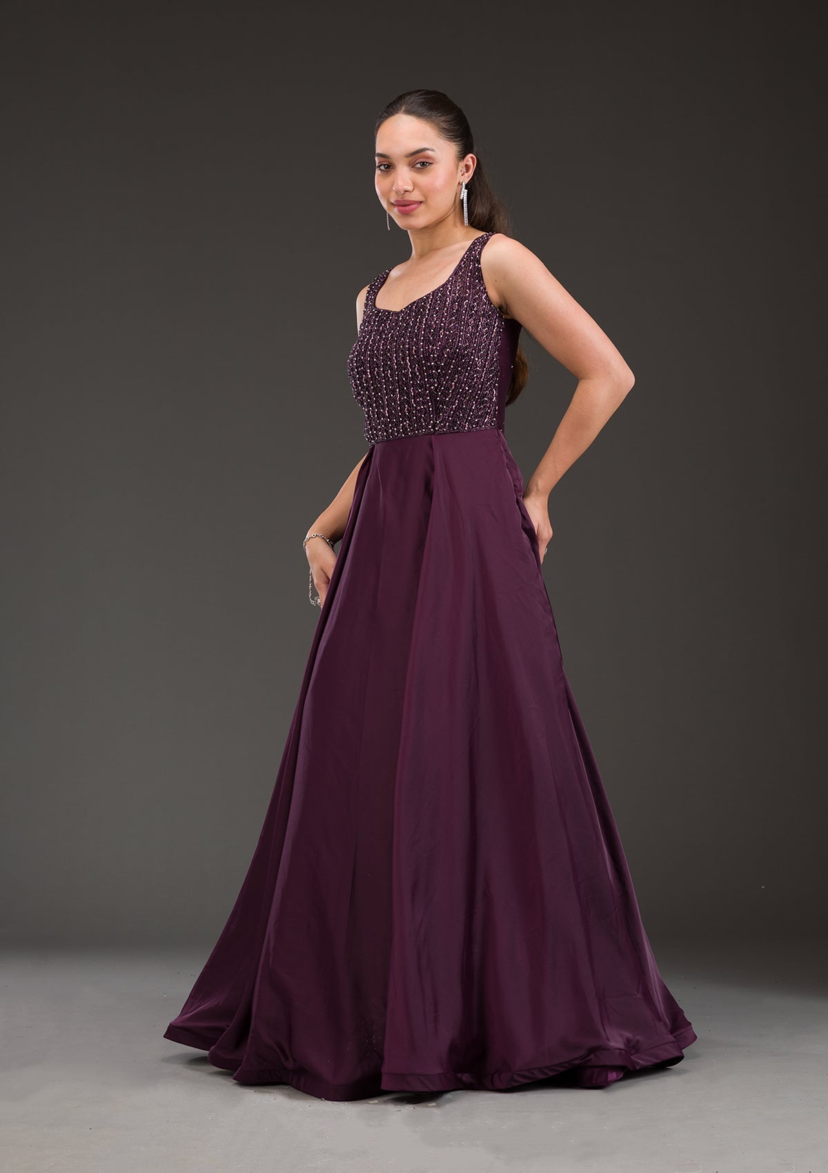 Wine Stonework Net Gown-Koskii