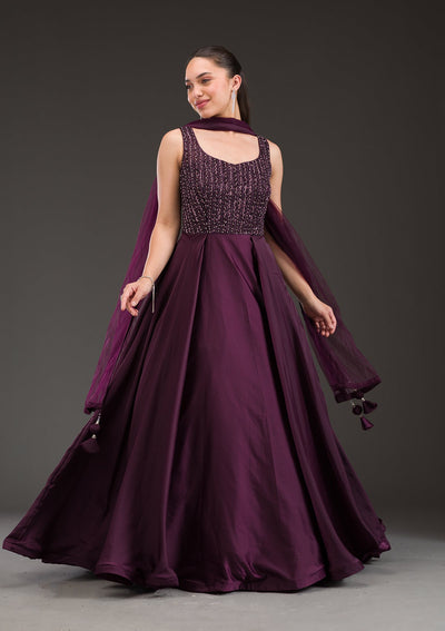 Wine Stonework Net Gown-Koskii