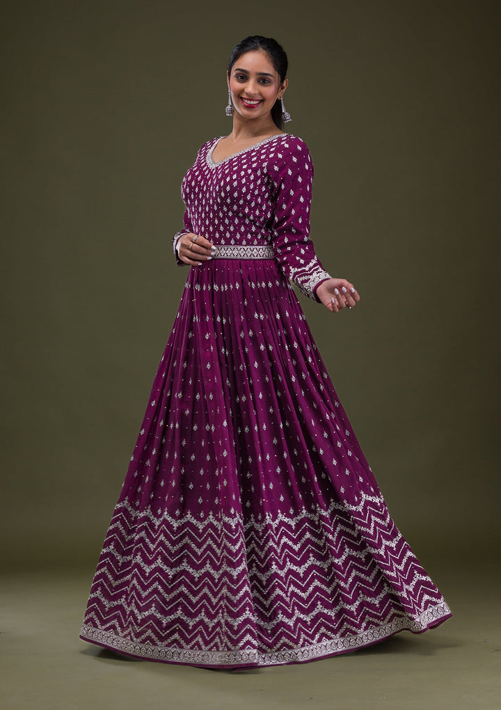 Wine Stonework Raw Silk Readymade Salwar Suit-Koskii