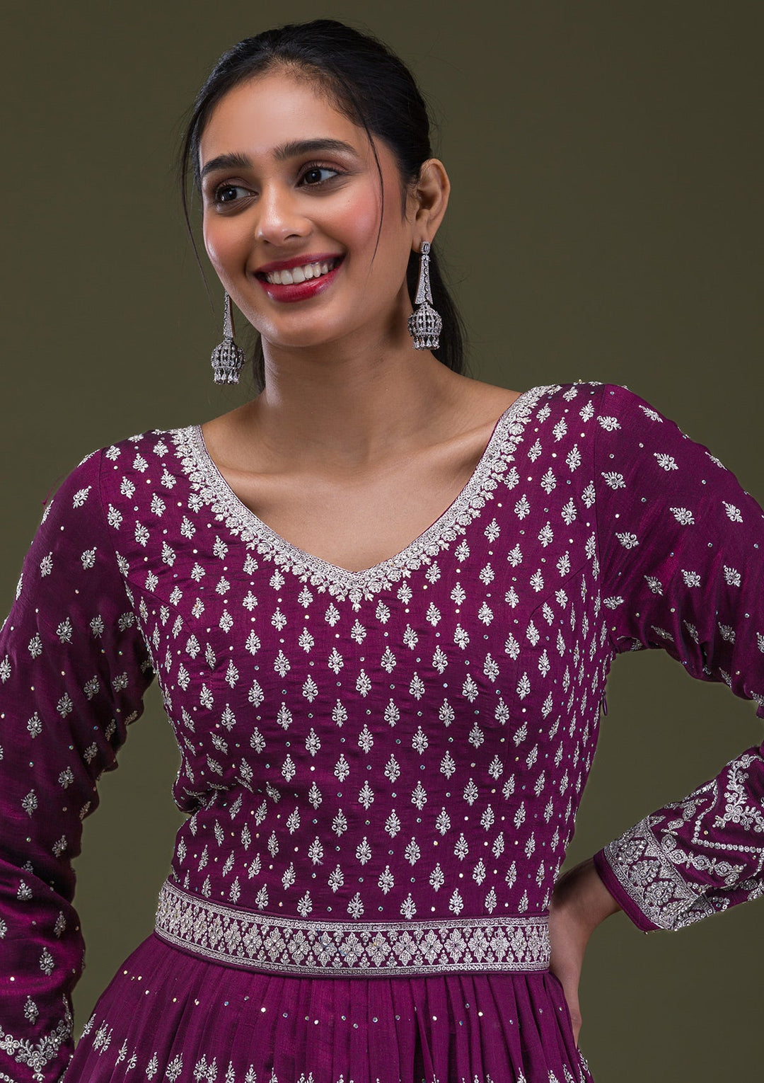 Wine Stonework Raw Silk Readymade Salwar Suit-Koskii