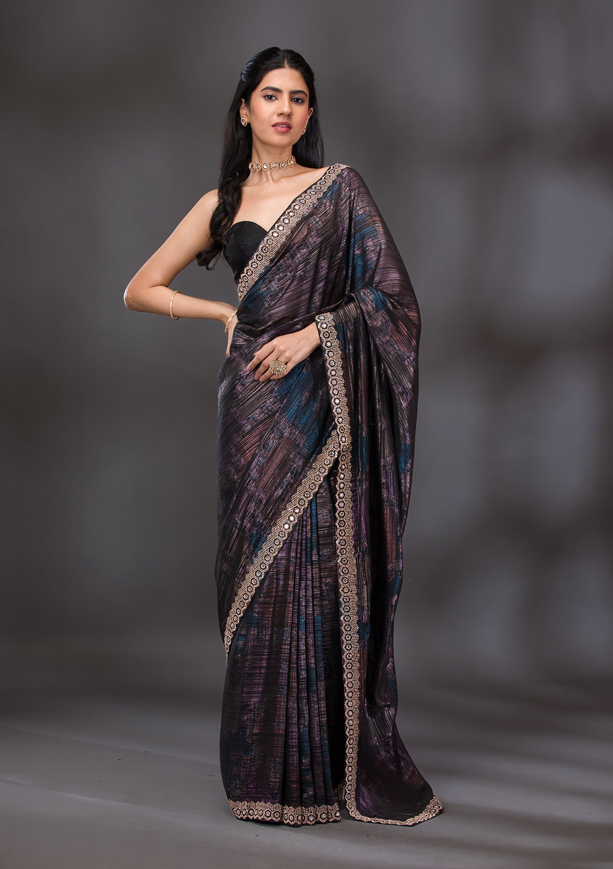 Wine Stonework Shimmer Saree-Koskii