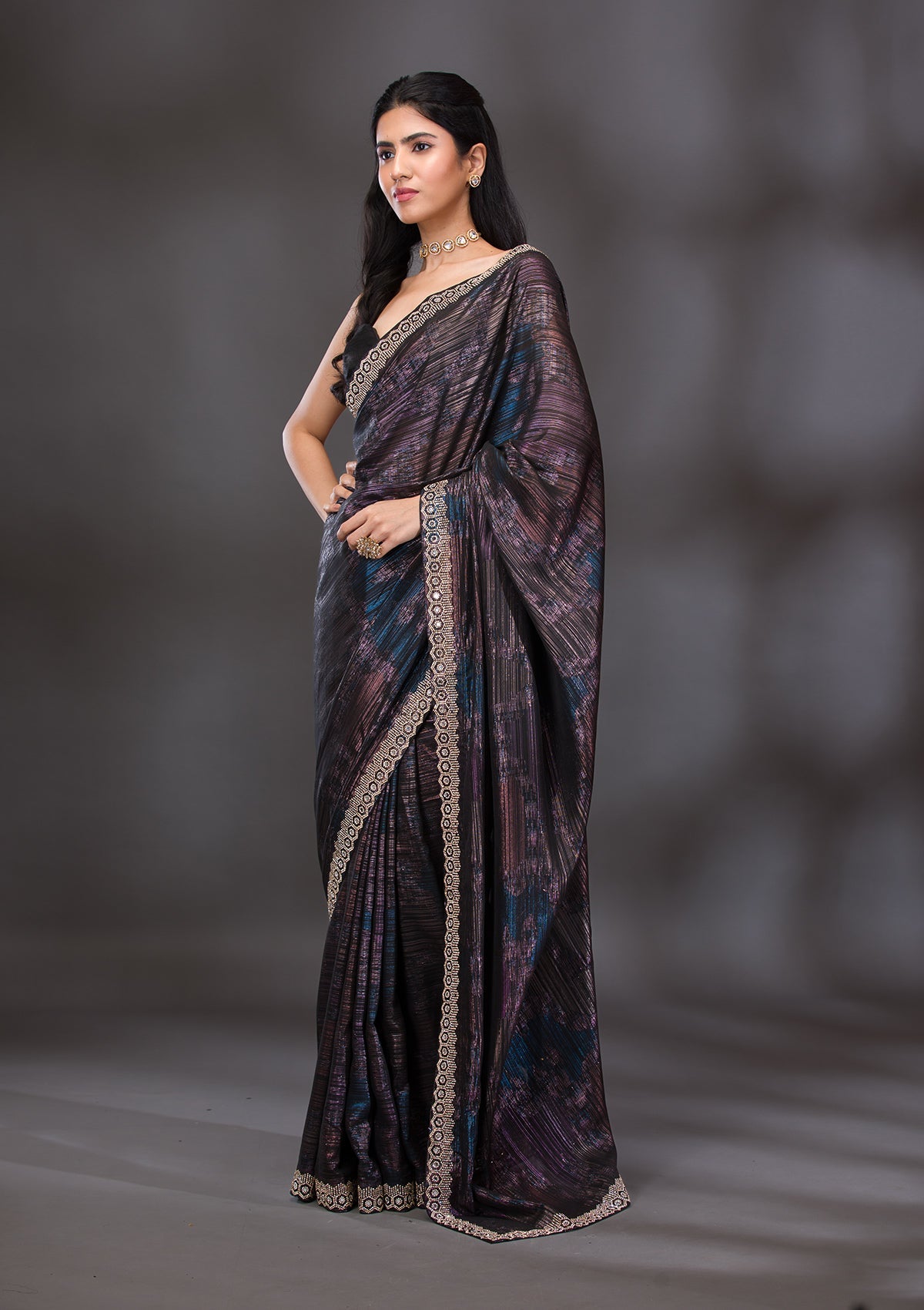 Wine Stonework Shimmer Saree-Koskii