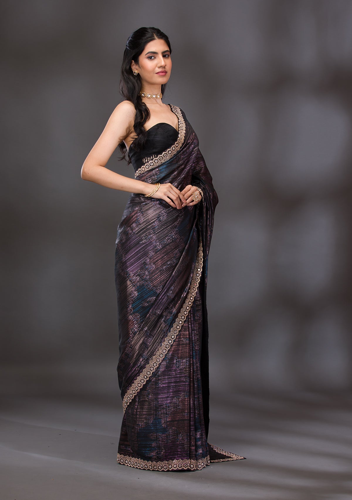 Wine Stonework Shimmer Saree-Koskii