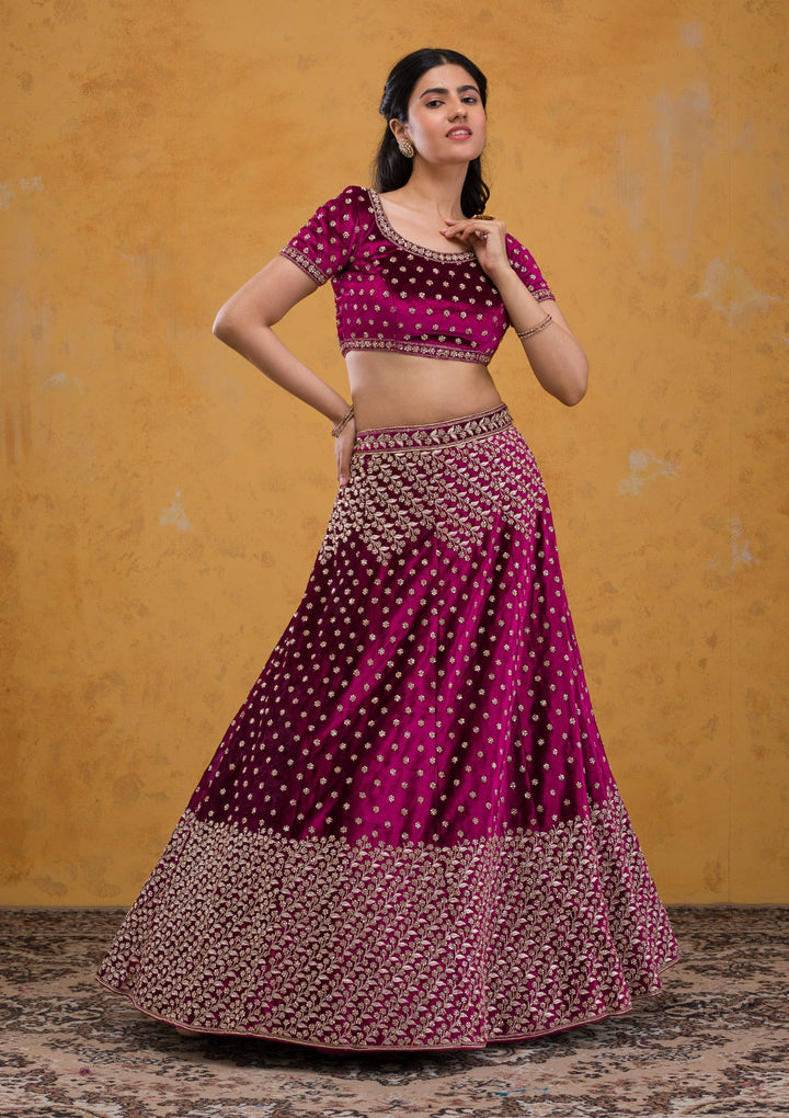 Wine Stonework Velvet Readymade Lehenga-Koskii