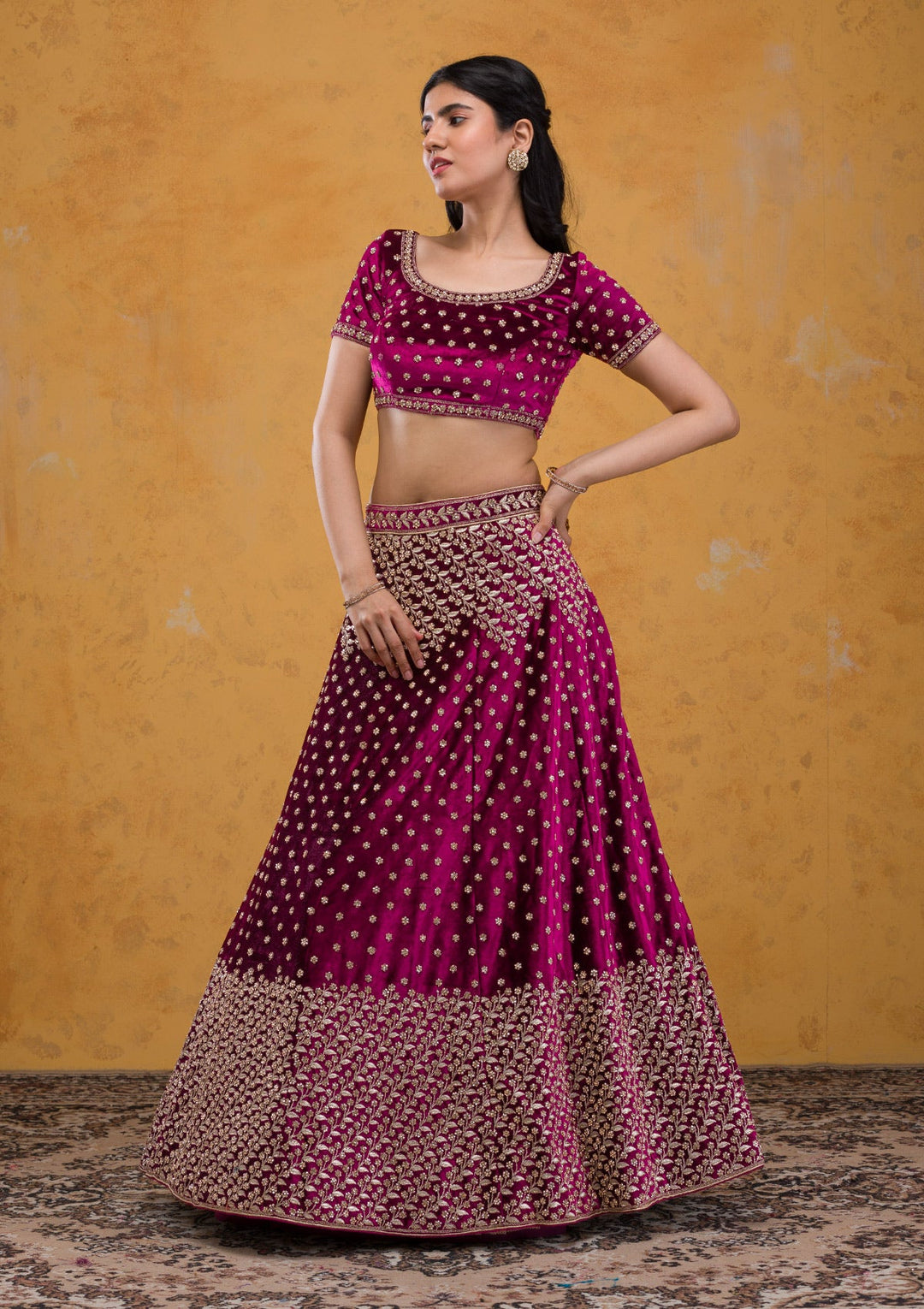 Wine Stonework Velvet Readymade Lehenga-Koskii