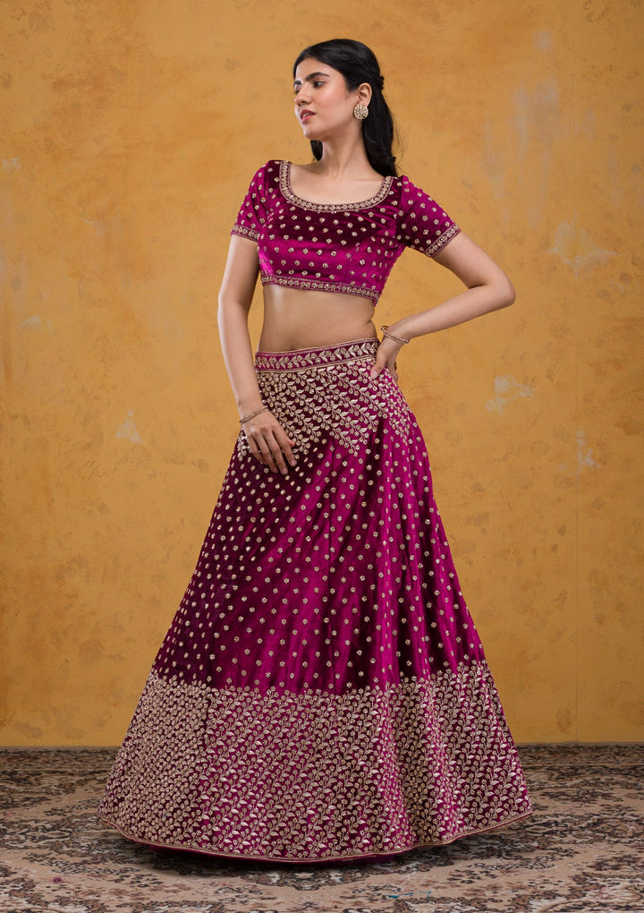 Wine Stonework Velvet Readymade Lehenga-Koskii