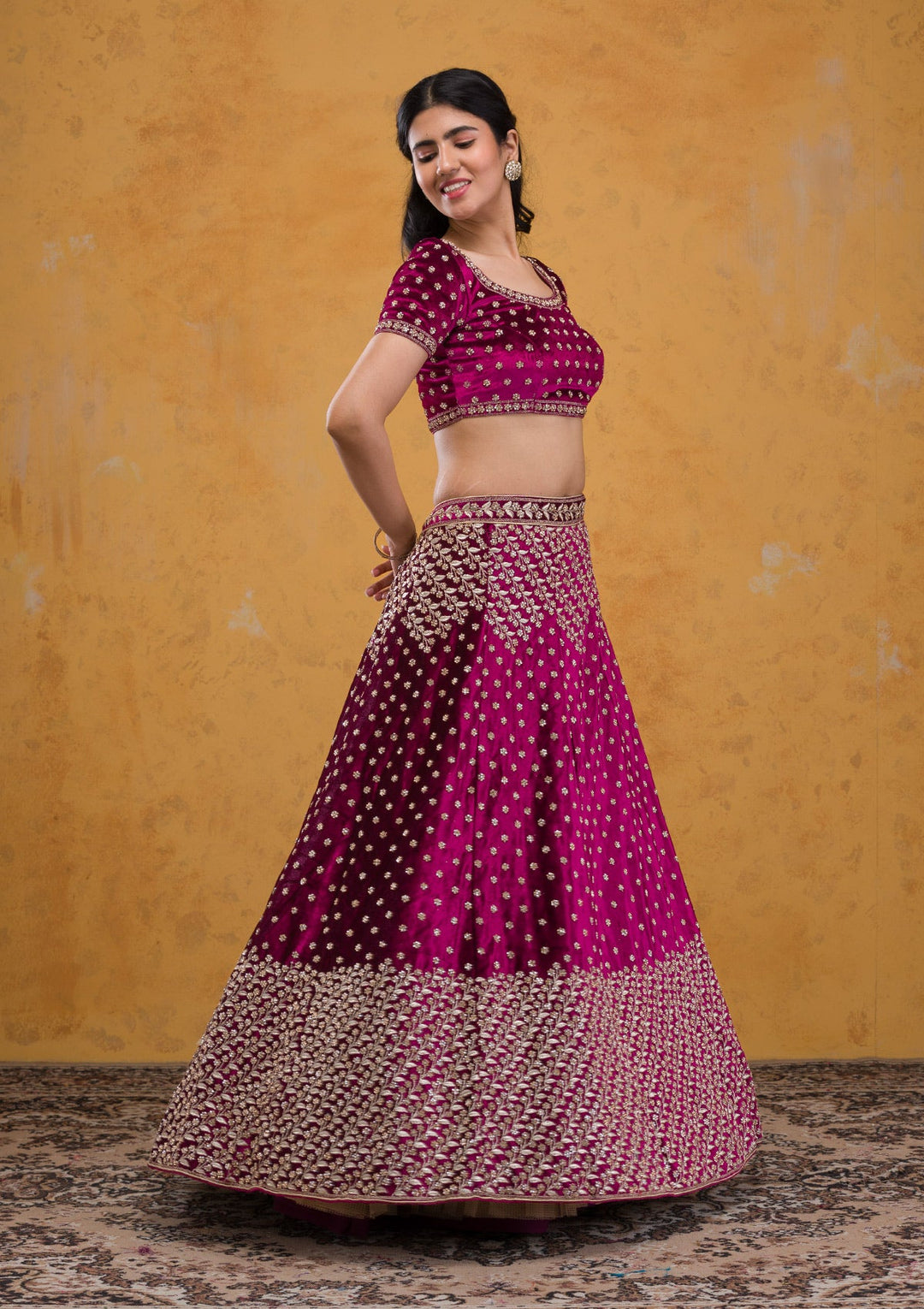 Wine Stonework Velvet Readymade Lehenga-Koskii
