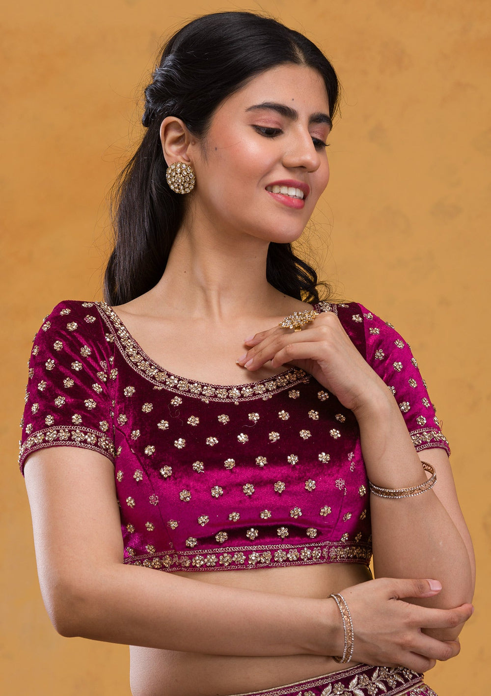 Wine Stonework Velvet Readymade Lehenga-Koskii