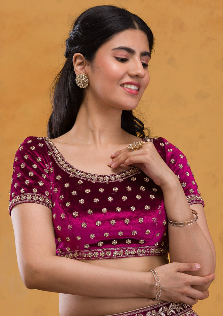 Wine Stonework Velvet Readymade Lehenga-Koskii
