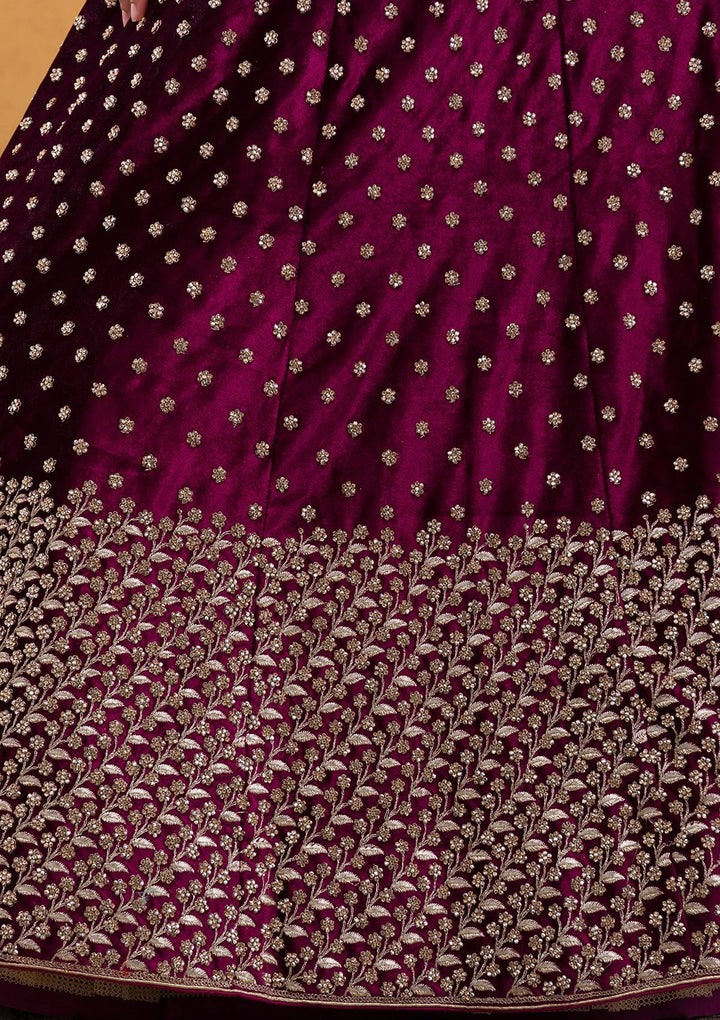 Wine Stonework Velvet Readymade Lehenga-Koskii