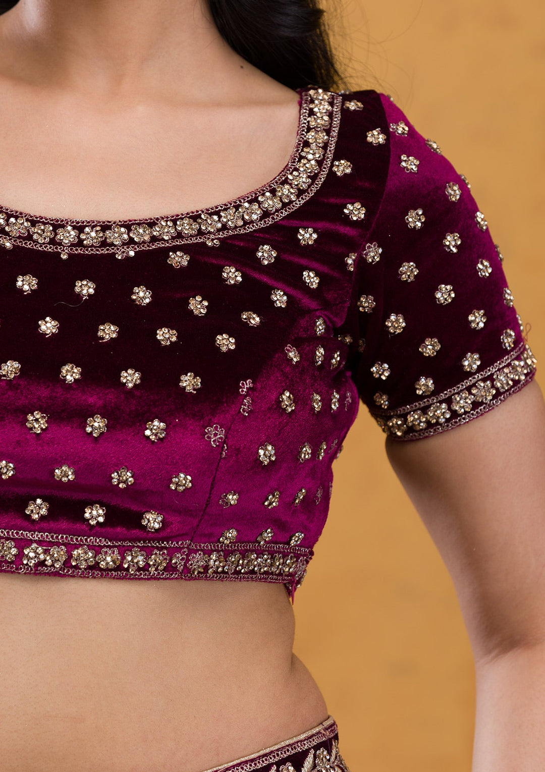 Wine Stonework Velvet Readymade Lehenga-Koskii