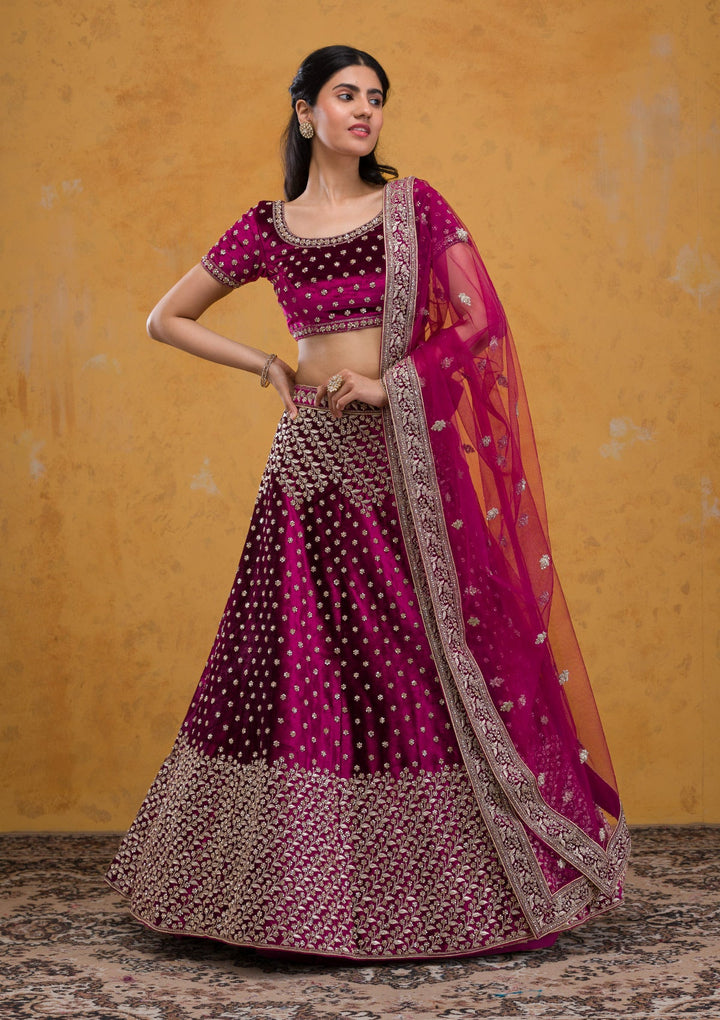 Wine Stonework Velvet Readymade Lehenga-Koskii
