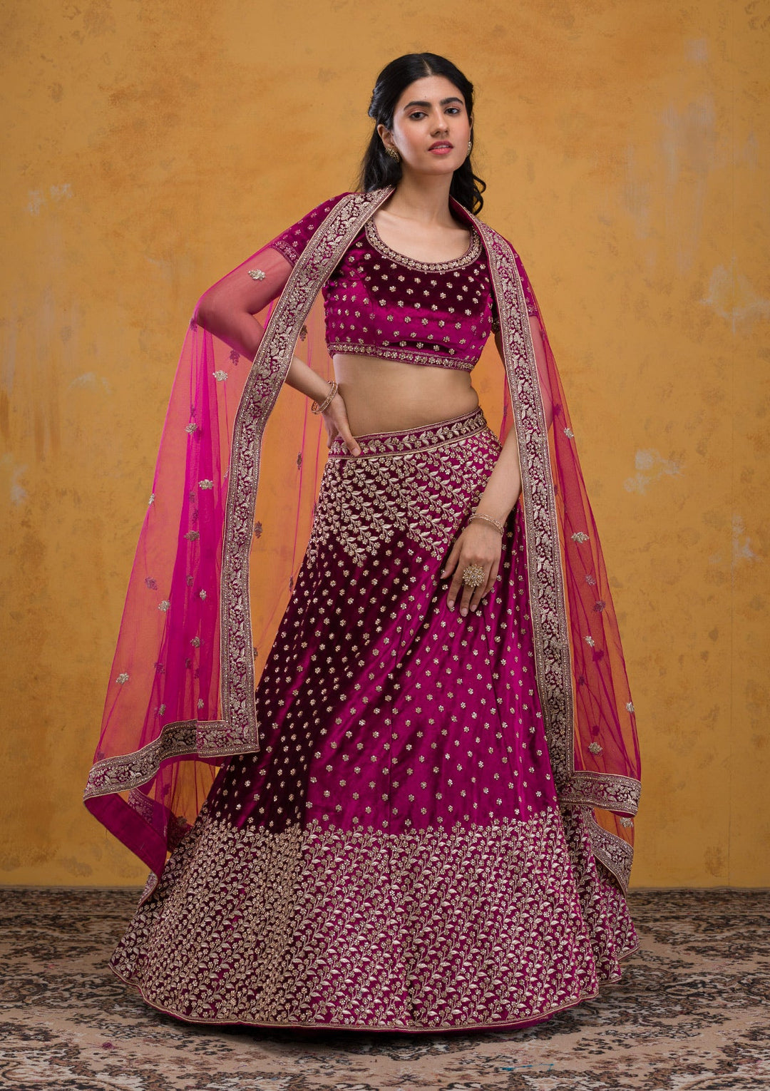 Wine Stonework Velvet Readymade Lehenga-Koskii