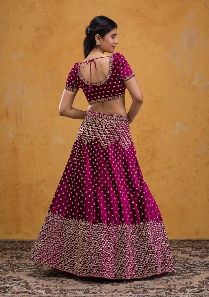 Wine Stonework Velvet Readymade Lehenga-Koskii