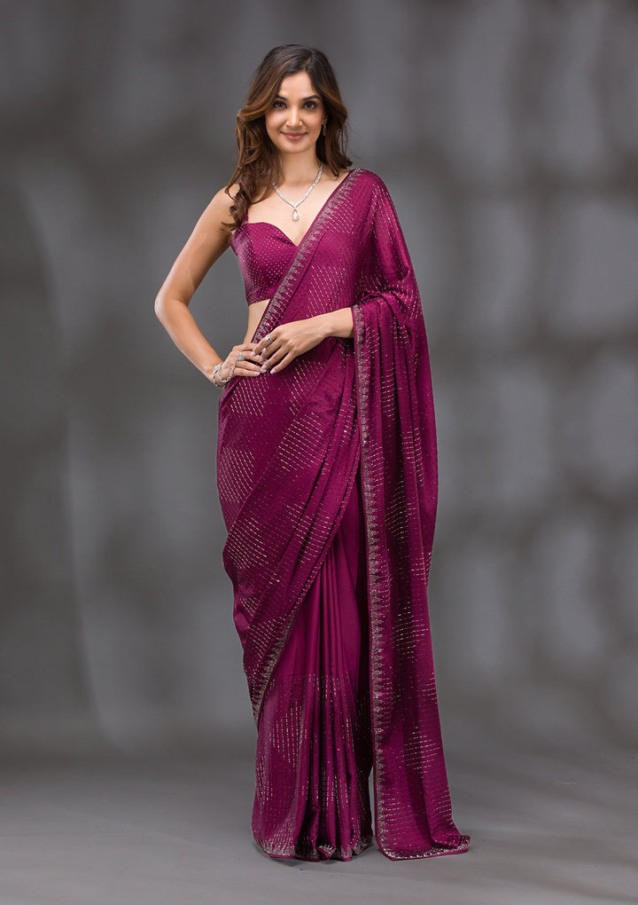 Wine Swarovski Crepe Saree-Koskii