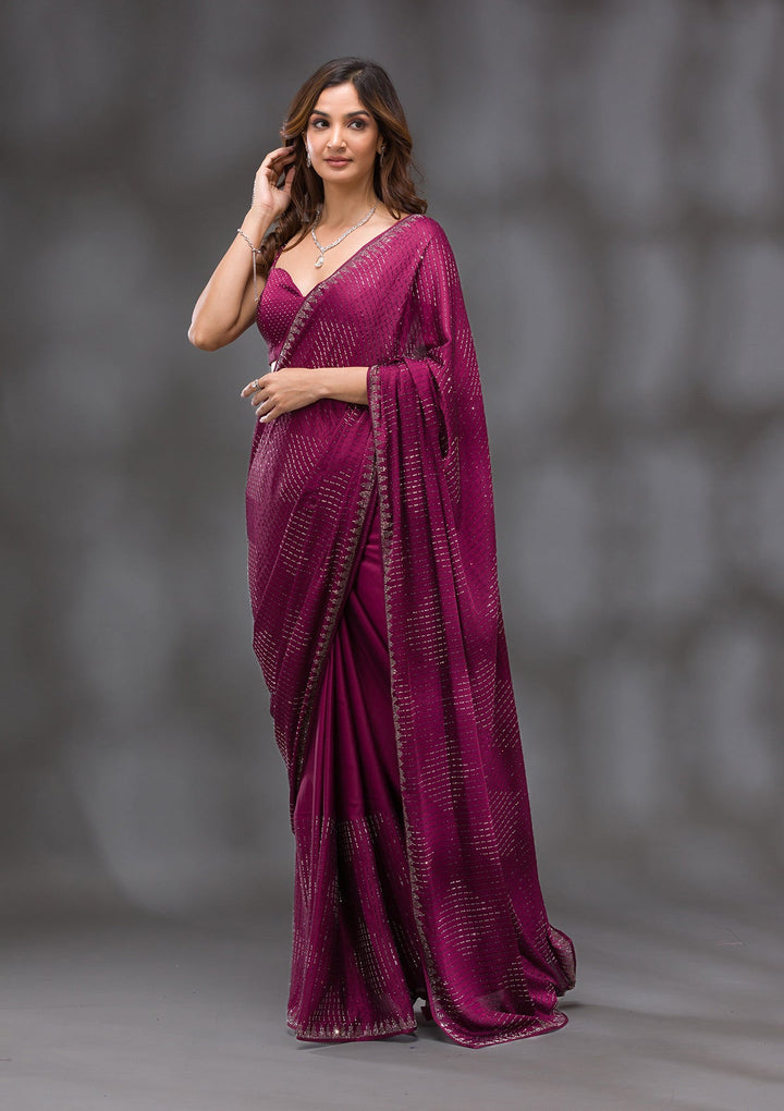 Wine Swarovski Crepe Saree-Koskii