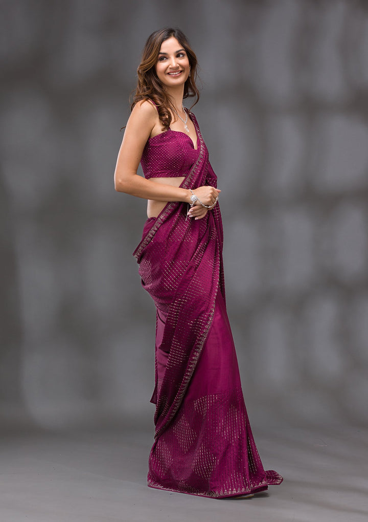 Wine Swarovski Crepe Saree-Koskii