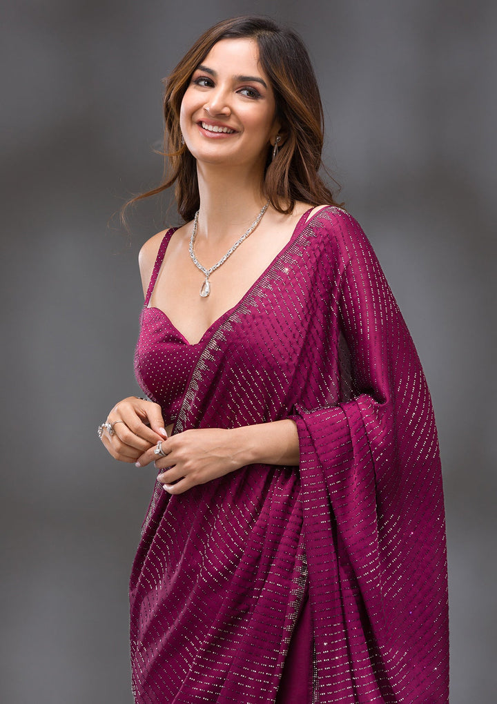 Wine Swarovski Crepe Saree-Koskii
