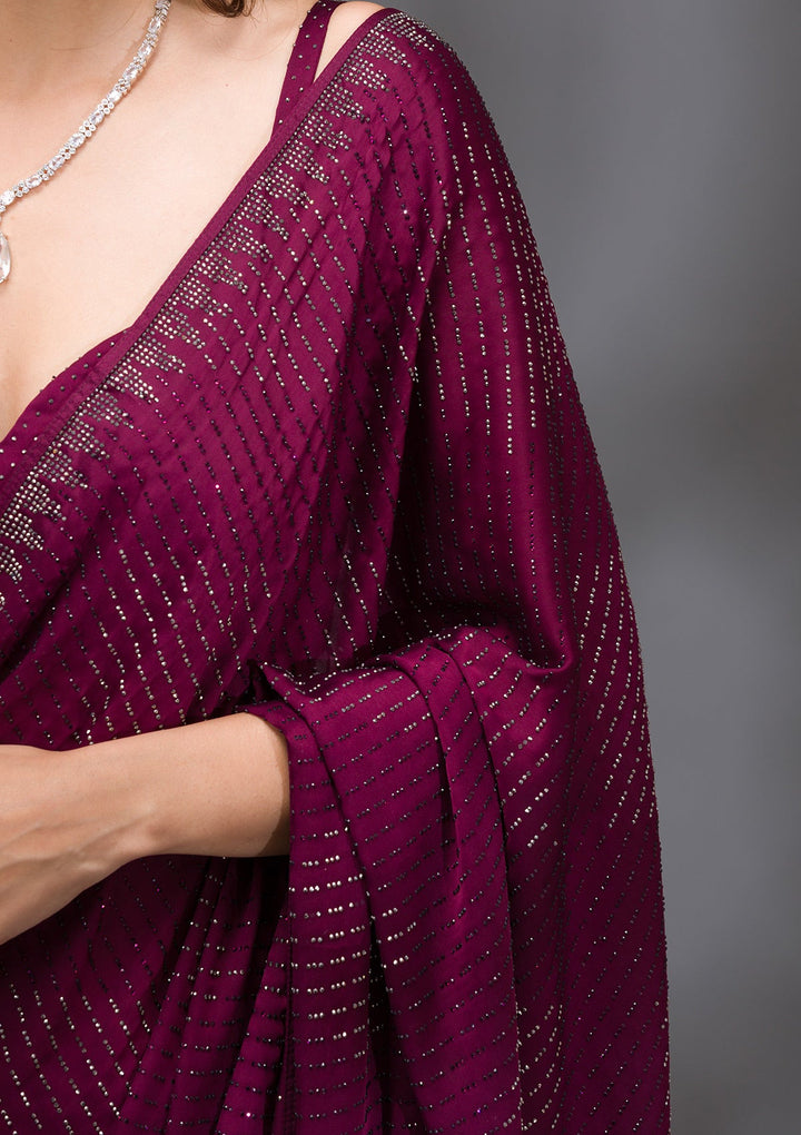 Wine Swarovski Crepe Saree-Koskii
