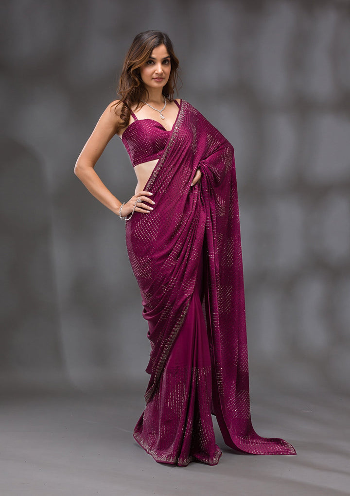 Wine Swarovski Crepe Saree-Koskii