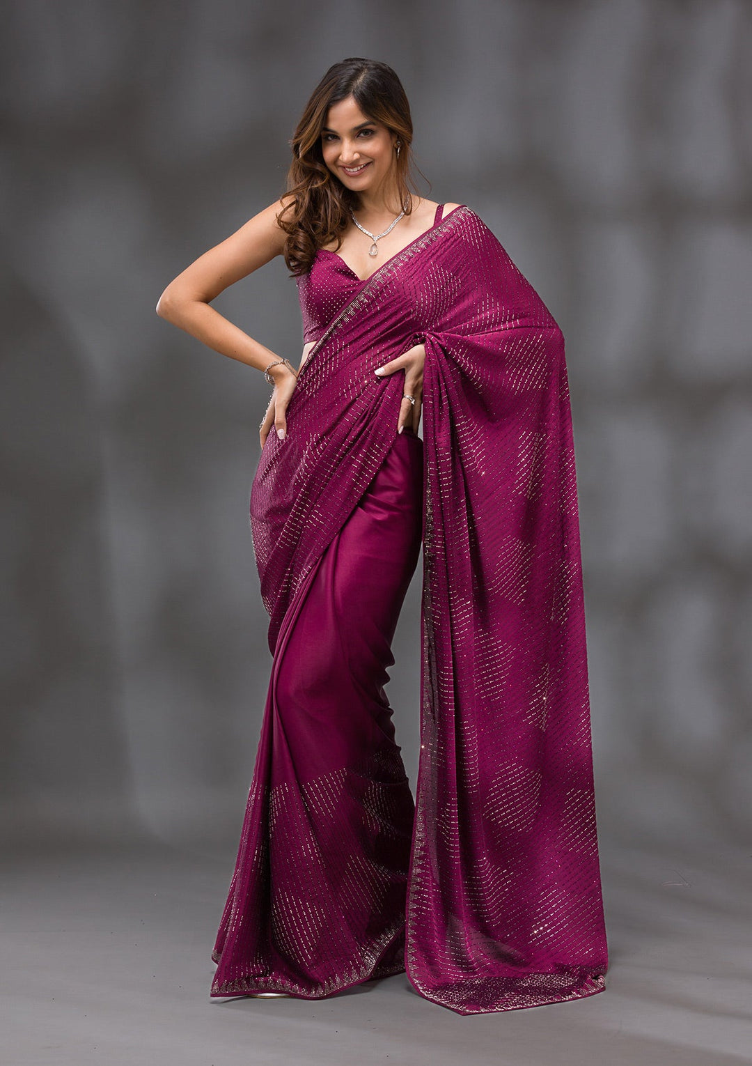 Wine Swarovski Crepe Saree-Koskii