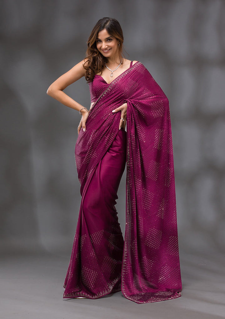 Wine Swarovski Crepe Saree-Koskii