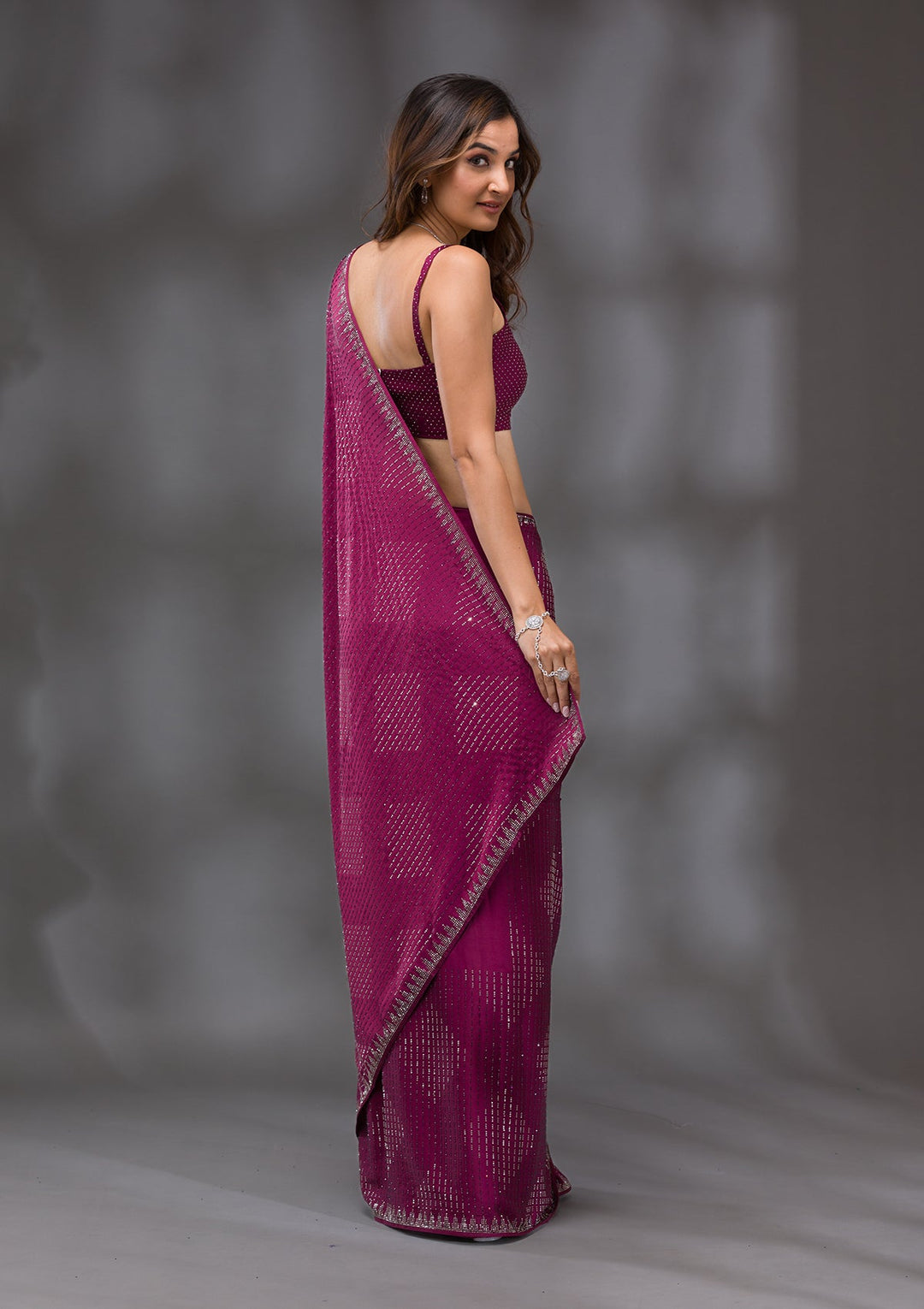 Wine Swarovski Crepe Saree-Koskii