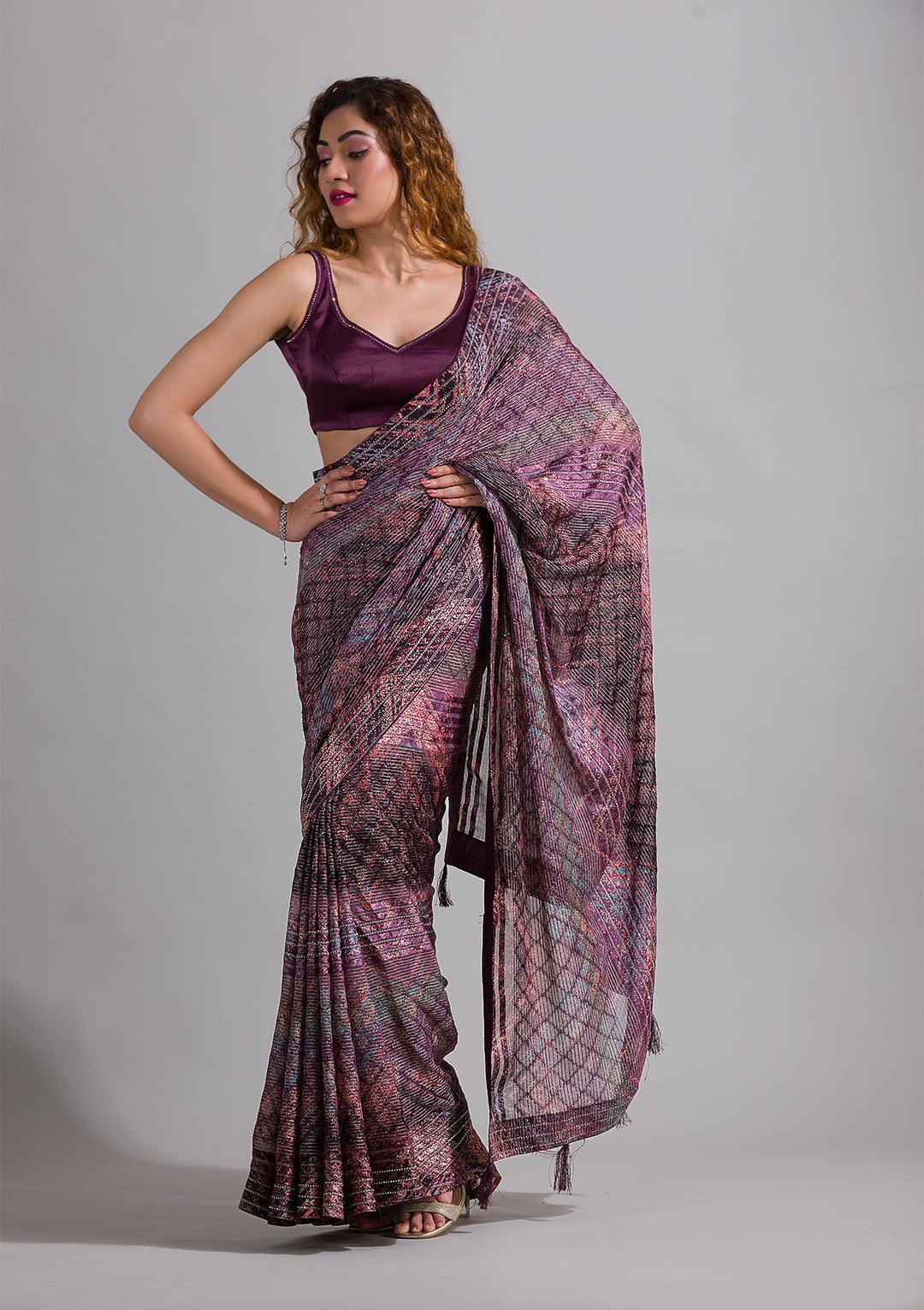 Wine Swarovski Georgette Saree-Koskii