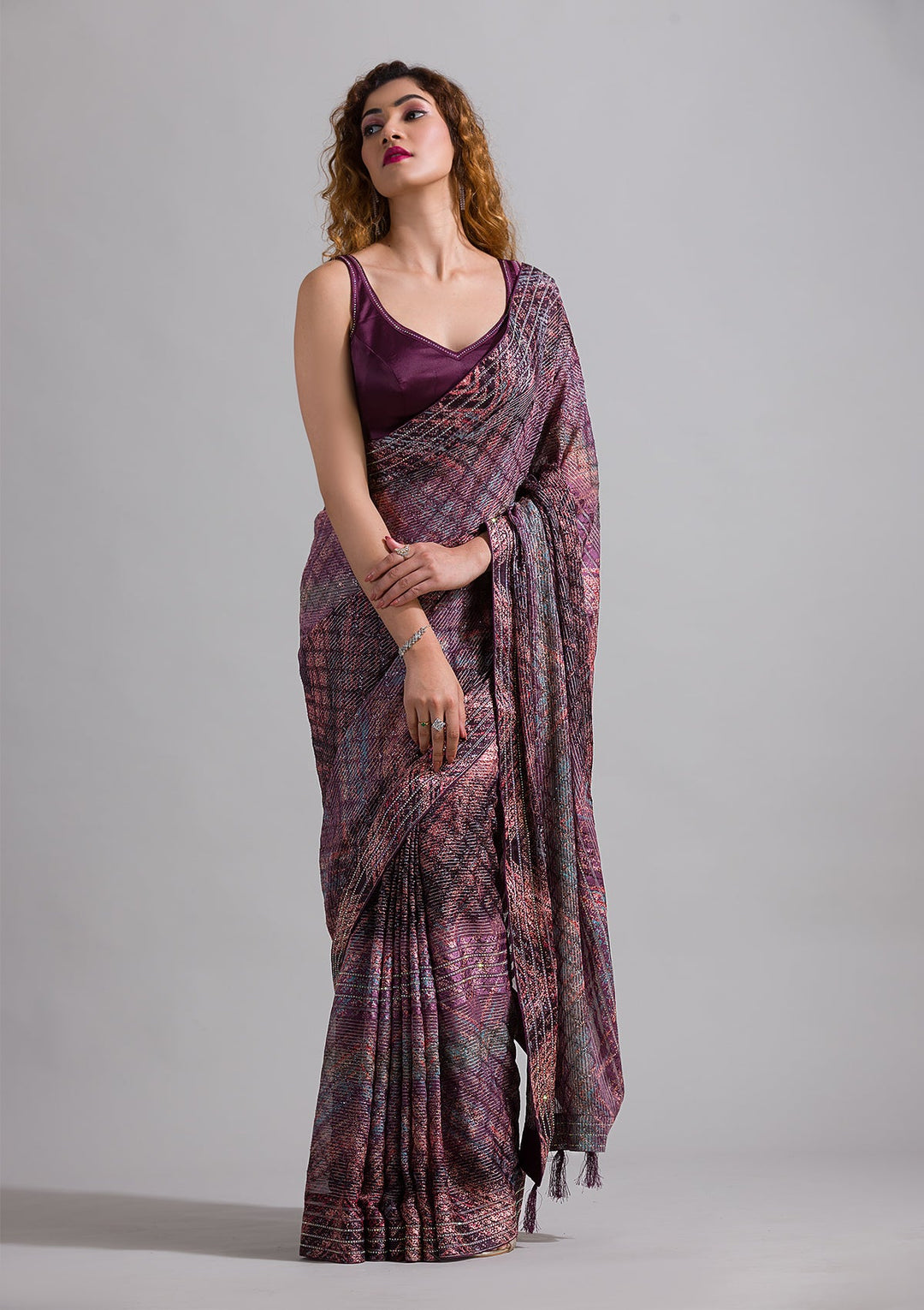 Wine Swarovski Georgette Saree-Koskii