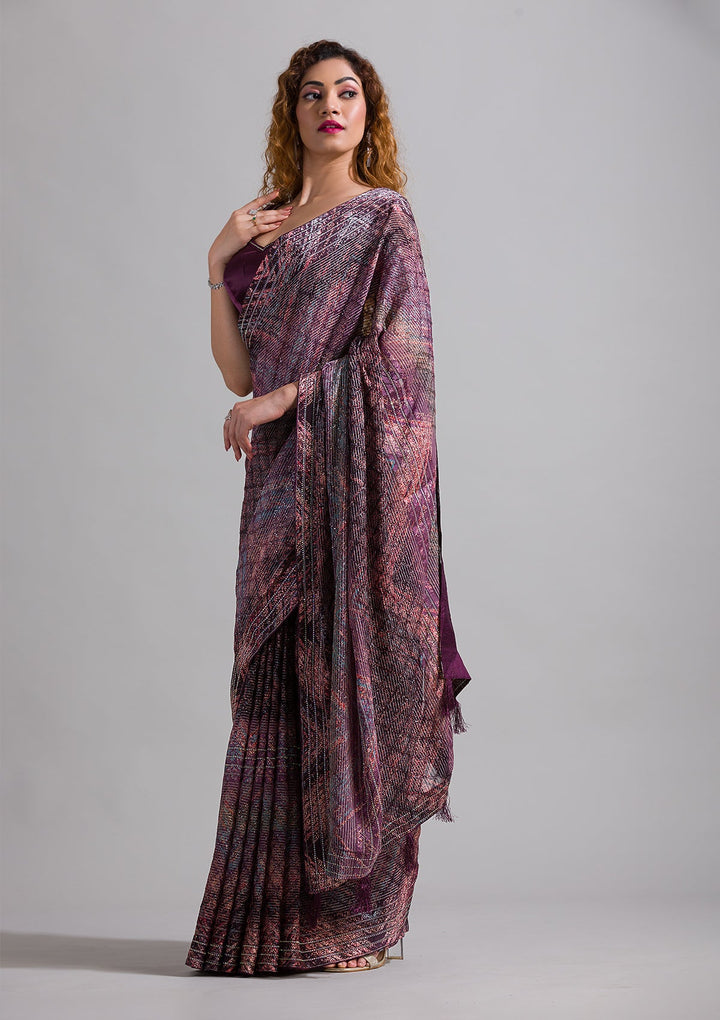 Wine Swarovski Georgette Saree-Koskii