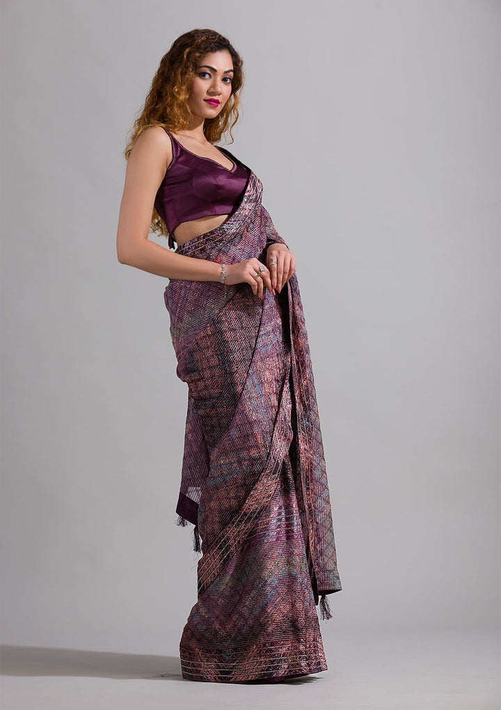 Wine Swarovski Georgette Saree-Koskii