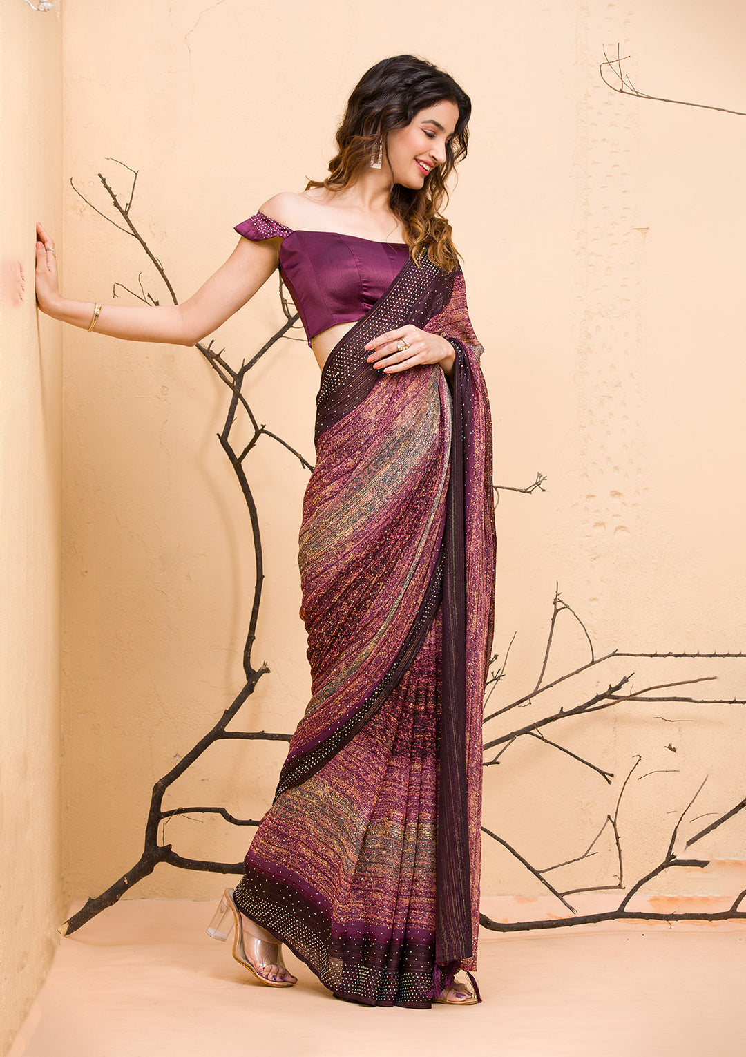 Maroon Stone Work Raw Silk Designer Saree-Koskii