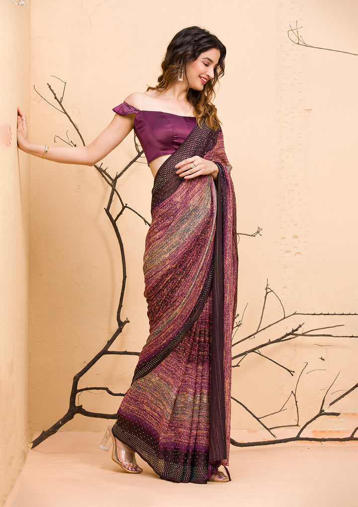 Maroon Stone Work Raw Silk Designer Saree-Koskii