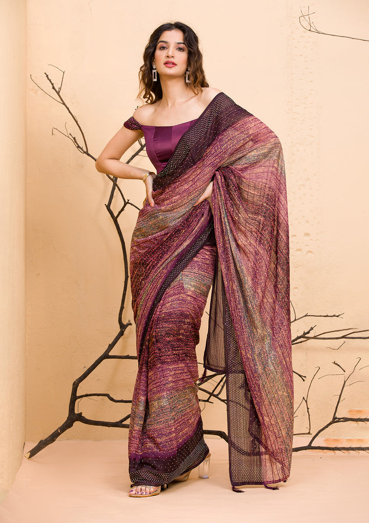 Wine Swarovski Chiffon Designer Saree-Koskii