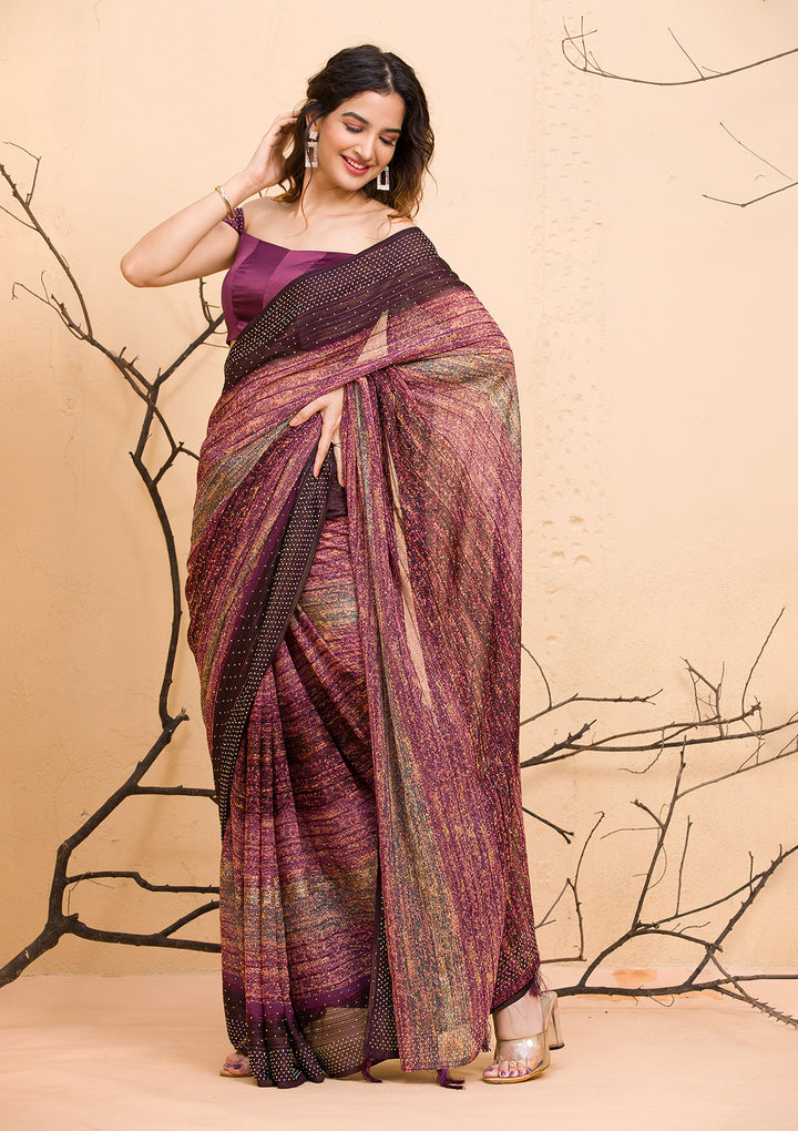 Maroon Stone Work Raw Silk Designer Saree-Koskii