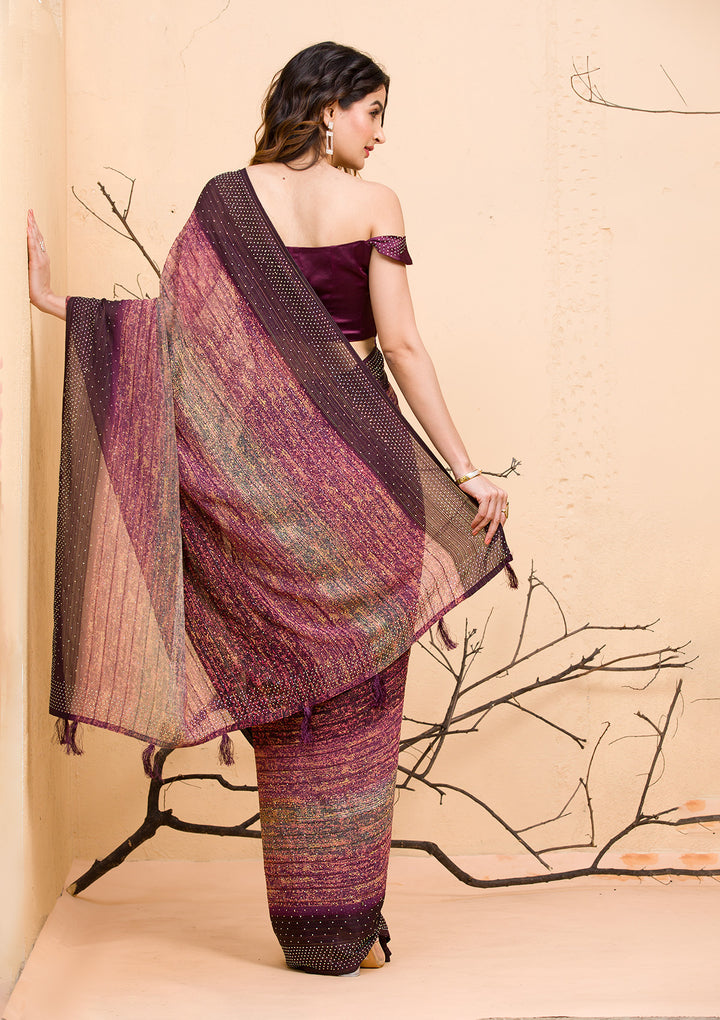 Maroon Stone Work Raw Silk Designer Saree-Koskii