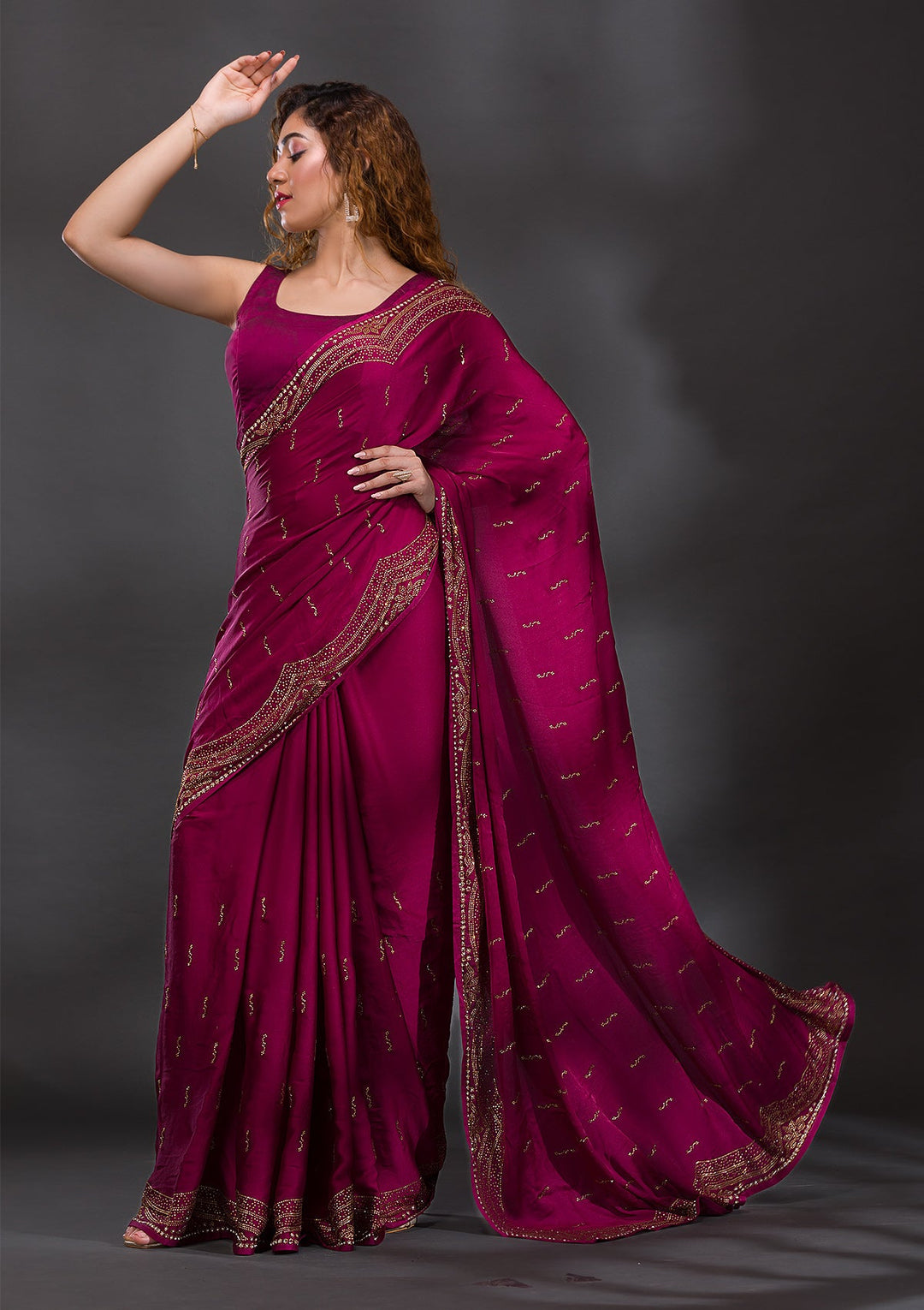 Wine Swarovski Satin Saree-Koskii