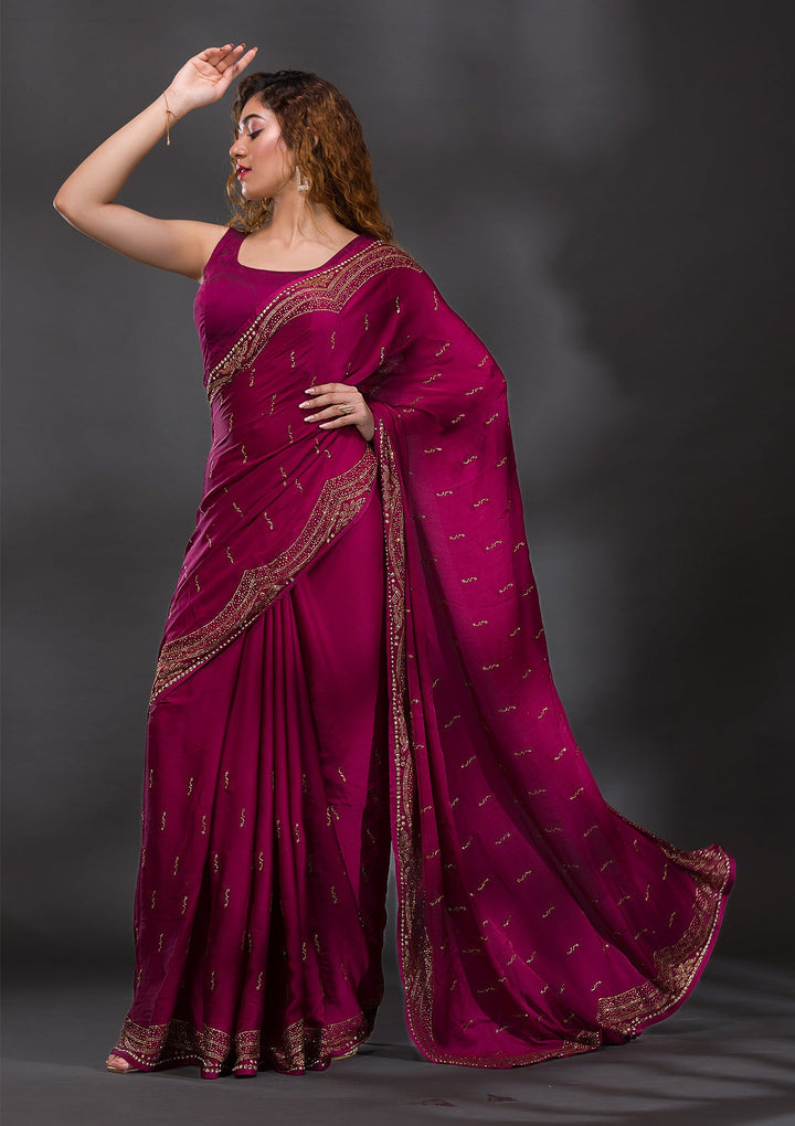 Wine Swarovski Satin Saree-Koskii