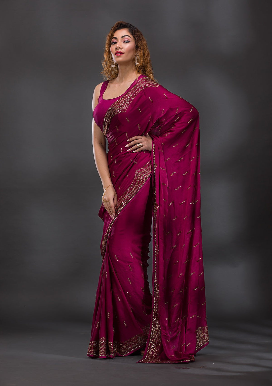 Wine Swarovski Satin Saree-Koskii