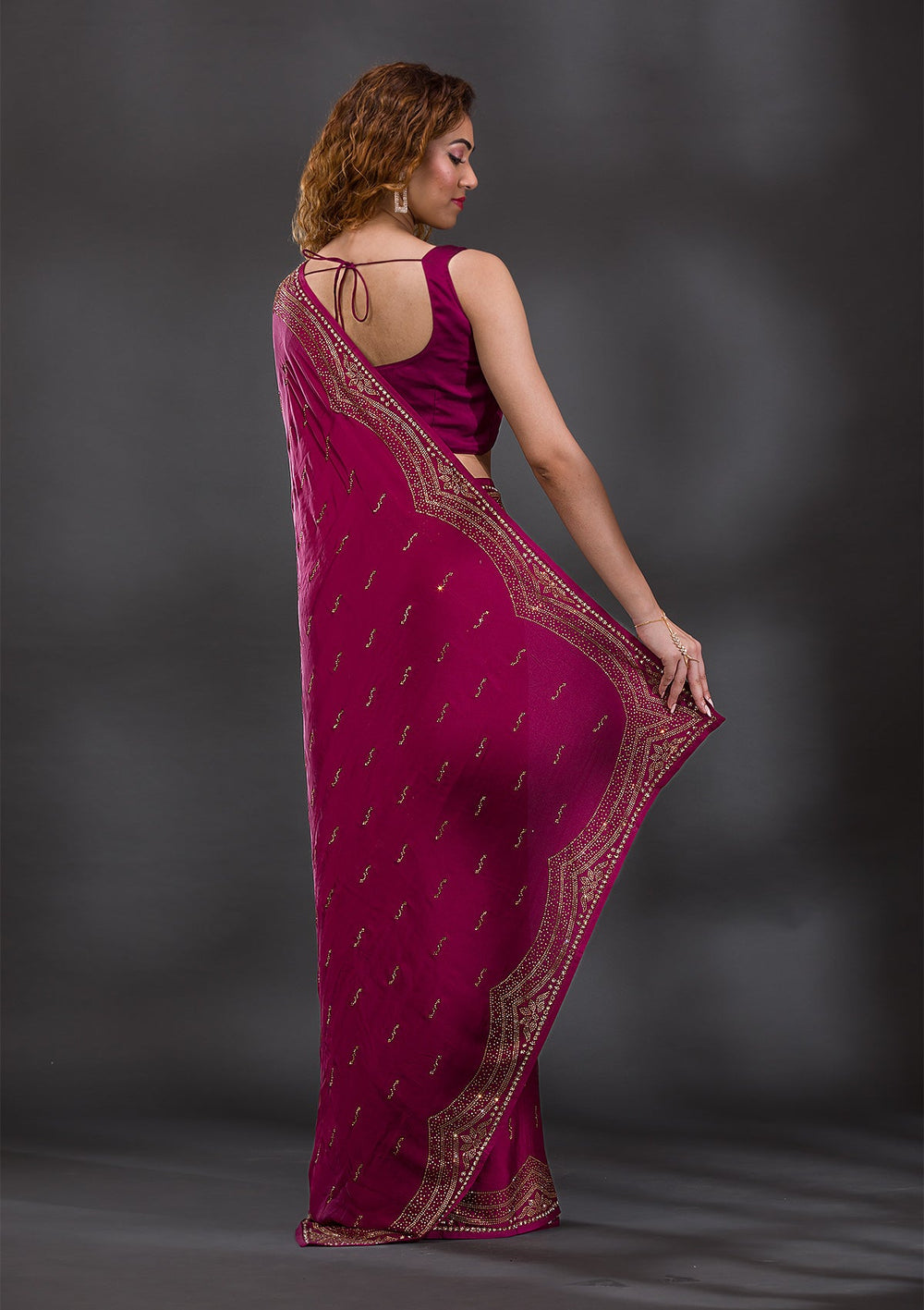 Wine Swarovski Satin Saree-Koskii