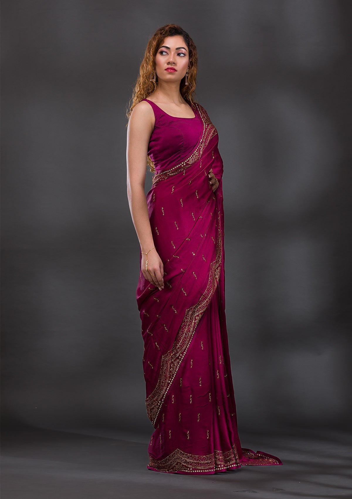 Wine Swarovski Satin Saree-Koskii